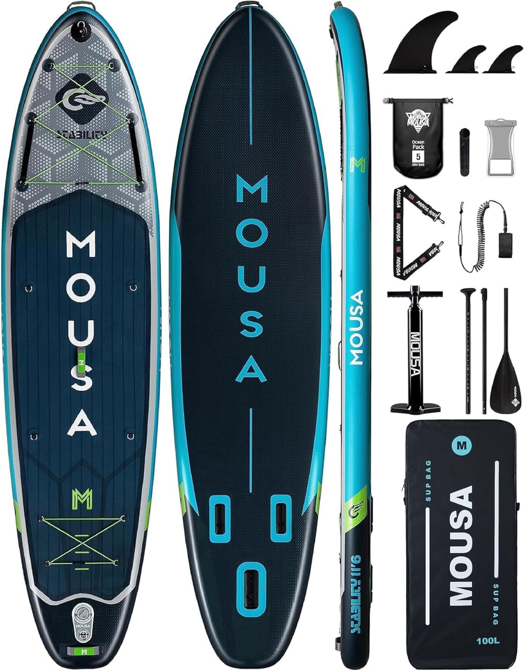 MOUSA 11'6'x35 Extra Wide Inflatable Stand Up Paddle Board, Stable Long SUP for 2 People/Family, Shoulder Strap, 3/5 Handles, 100L Backpack, All-Round Sup Board, Removeable Fin