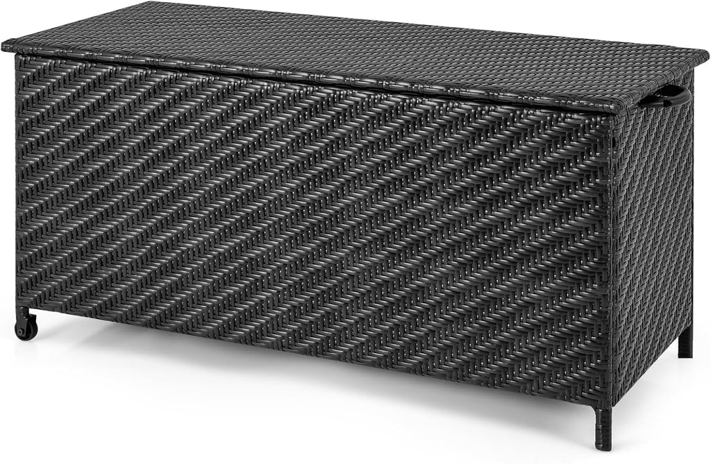 Tangkula Tightly-Woven Rattan Deck Box, Patiojoy Storage Cabinet Container with Polyester Liner, Universal Wheels & Gas Strut, 85 Gallon Indoor Outdoor Storage Box for Pillows, Cushions (Black)