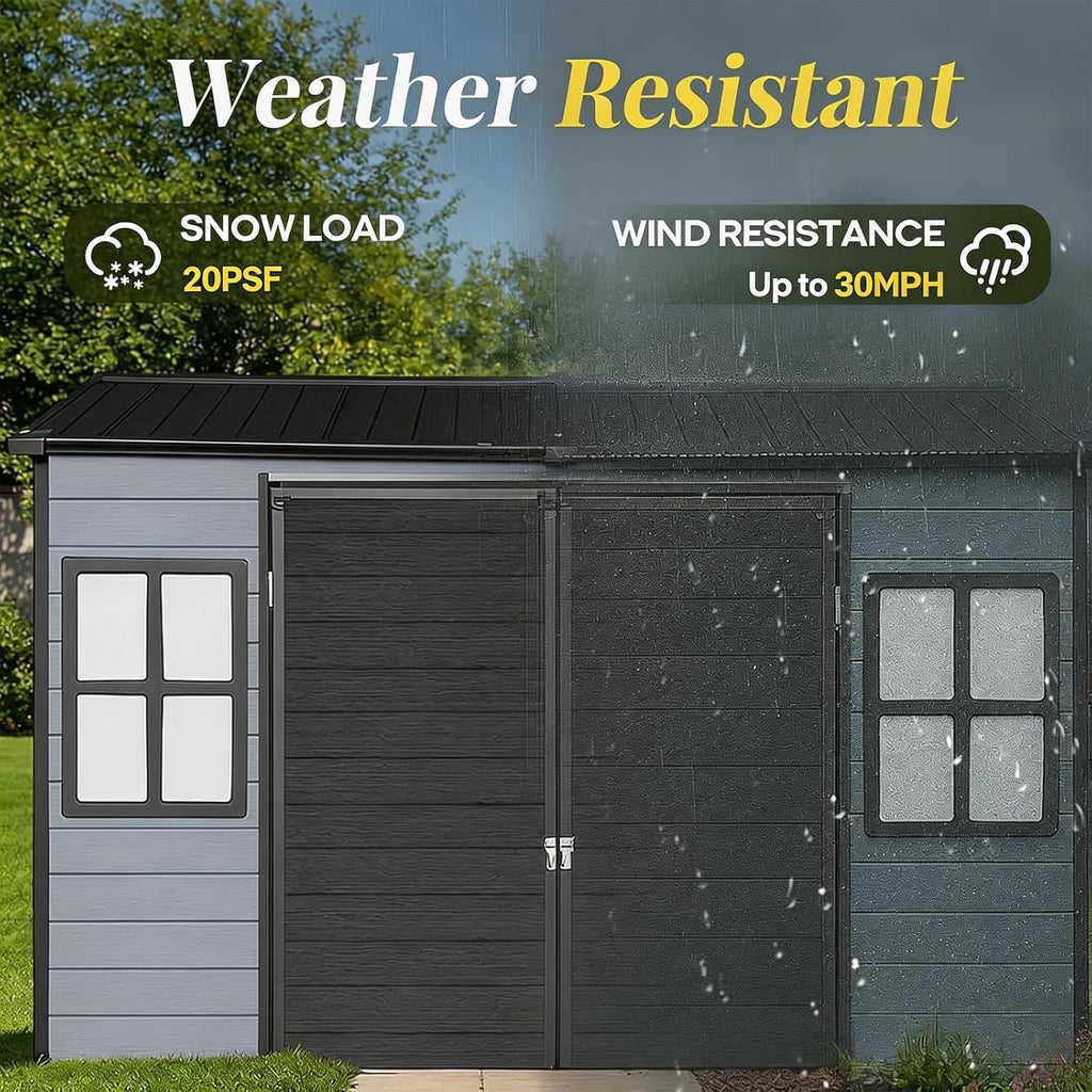 8x4ft Resin Outdoor Storage Shed with Floor and 2 Windows, Plastic Sheds & Outdoor Storage Clearance for Patio Furniture, GardenTools, Lawn Mower and Bike Accessories, Black+Grey