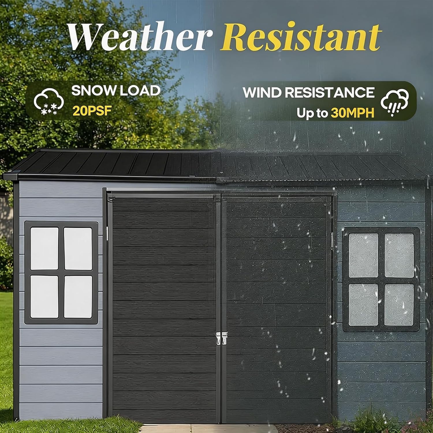 8x4ft Resin Outdoor Storage Shed with Floor and 2 Windows, Plastic Sheds & Outdoor Storage Clearance for Patio Furniture, GardenTools, Lawn Mower and Bike Accessories, Black+Grey