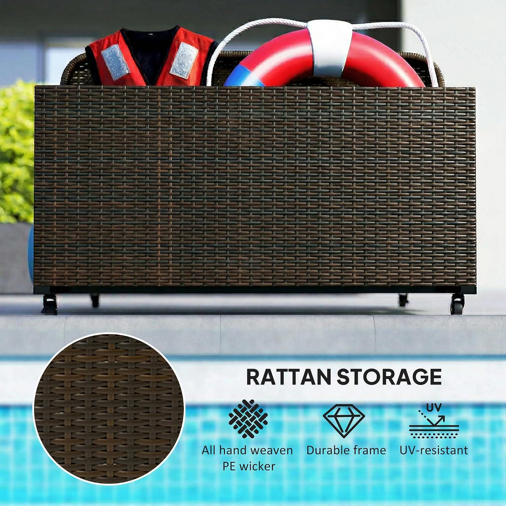 Outsunny Wicker Pool Float Storage Organizer, PE Rattan Outdoor Pool Float Holder with Rolling Wheels for Noodles, Life Vests, Beach Balls, Garden Furniture, Mixed Brown