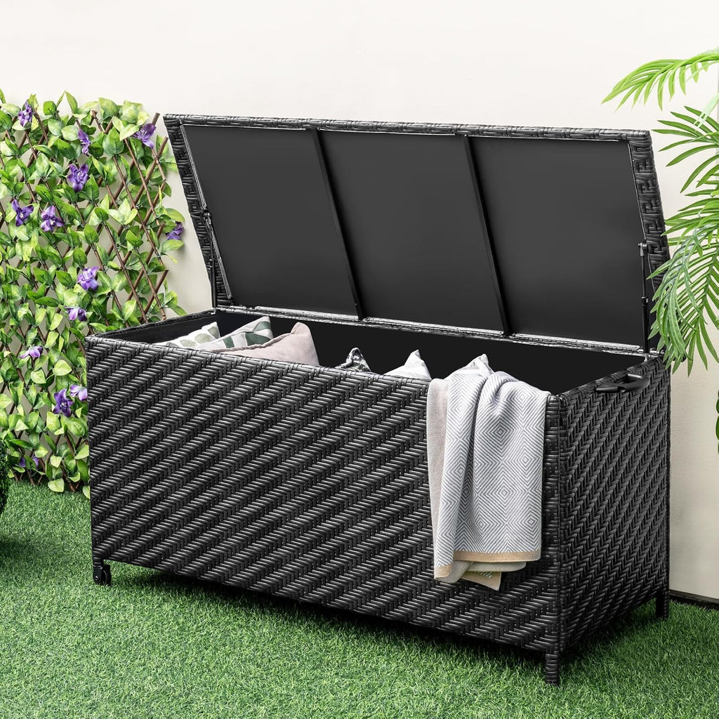 Tangkula Tightly-Woven Rattan Deck Box, Patiojoy Storage Cabinet Container with Polyester Liner, Universal Wheels & Gas Strut, 85 Gallon Indoor Outdoor Storage Box for Pillows, Cushions (Black)