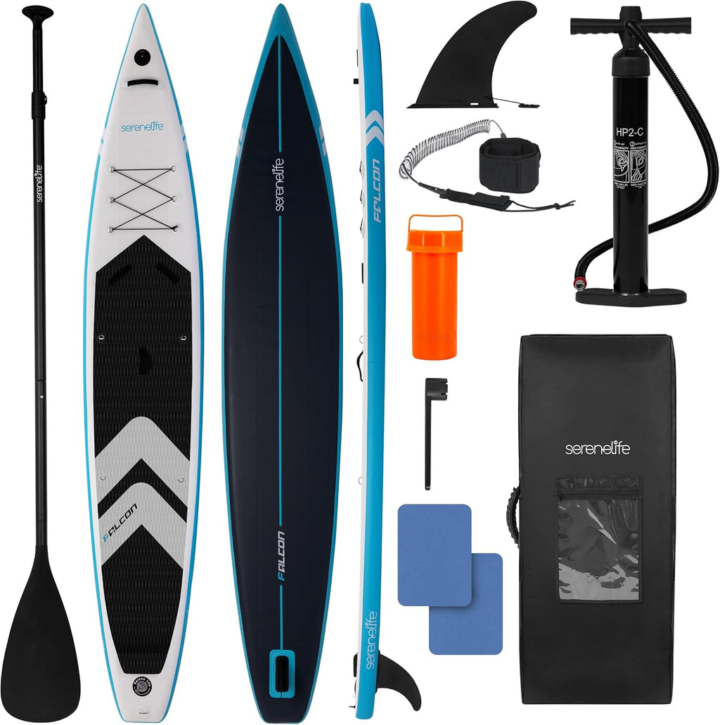 SereneLife 14' Inflatable Stand Up Paddle Board for Racing – 28' Narrow Design for Expert Paddlers with Non-Slip EVA Deck Pad, Includes Premium SUP Accessories and GoPro Mount, for Youth and Adults