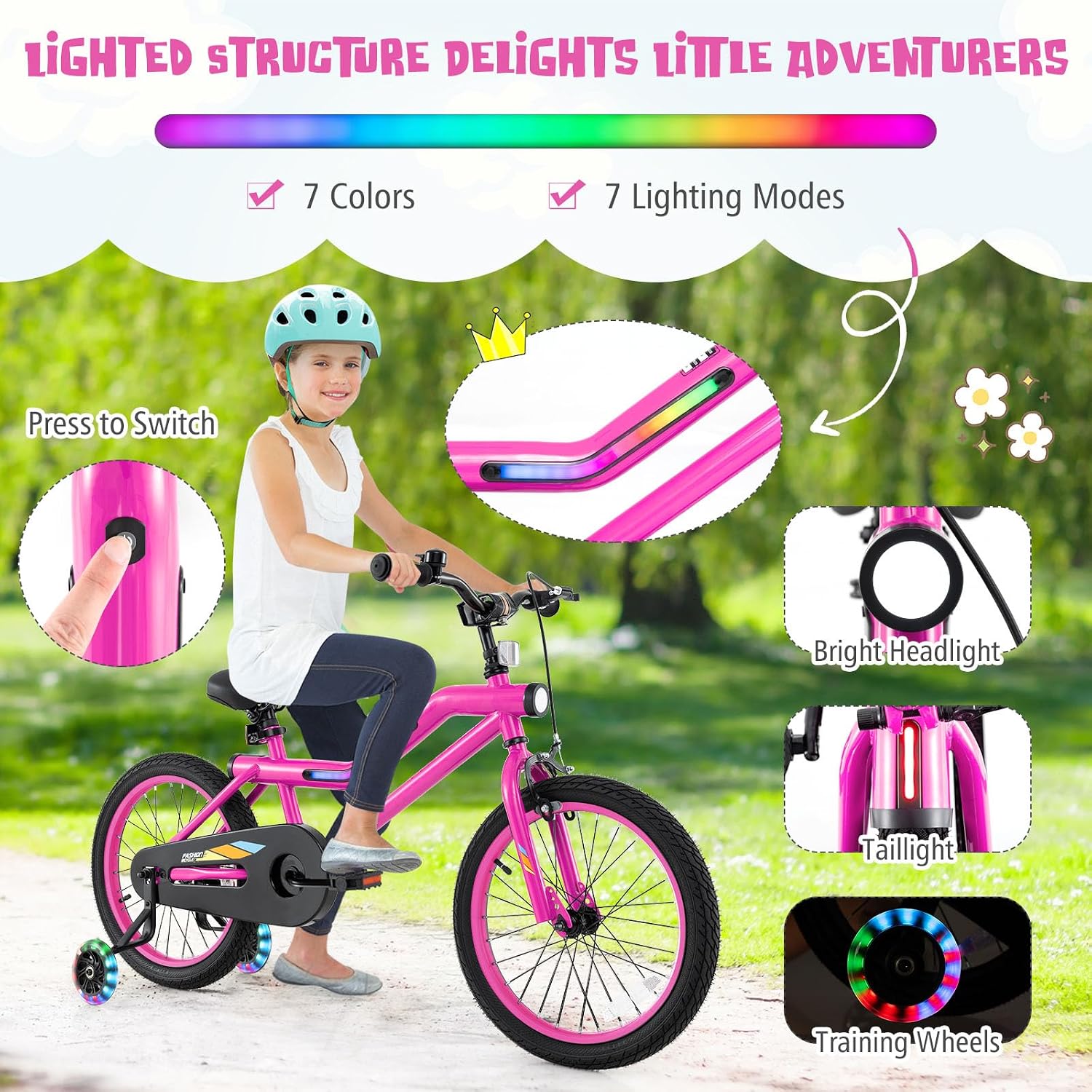 BABY JOY Lighted Kids Bike, 16 18 Inch Children Bicycle with 7-Mode LED Lighted Frame, Headlight, Flash Training Wheels, Dual-Brake, 95% Pre-Assembled, Girls Boys Bike for 4-8 Years