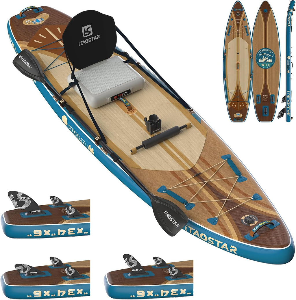 iTAOSTAR Wild 11'×36'/11'6'×34'/12'6'×33' Inflatable Paddle Board with Seat, One-Stop Premium SUP Board Gears, Tailored 5 Fins, Stable Inflatable Stand Up Paddle Boards for Youth/Adults of All Levels