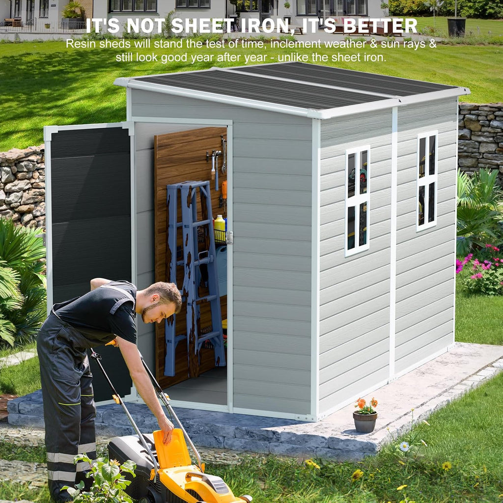 CDCASA 4x8 FT Resin Lean to Shed, Waterproof Outdoor Storage Sheds with Floor & Lockable Door & 2 Windows, Vent, Outside Plastic Tool Shed for Backyard Patio Poolside Lawn, Gray