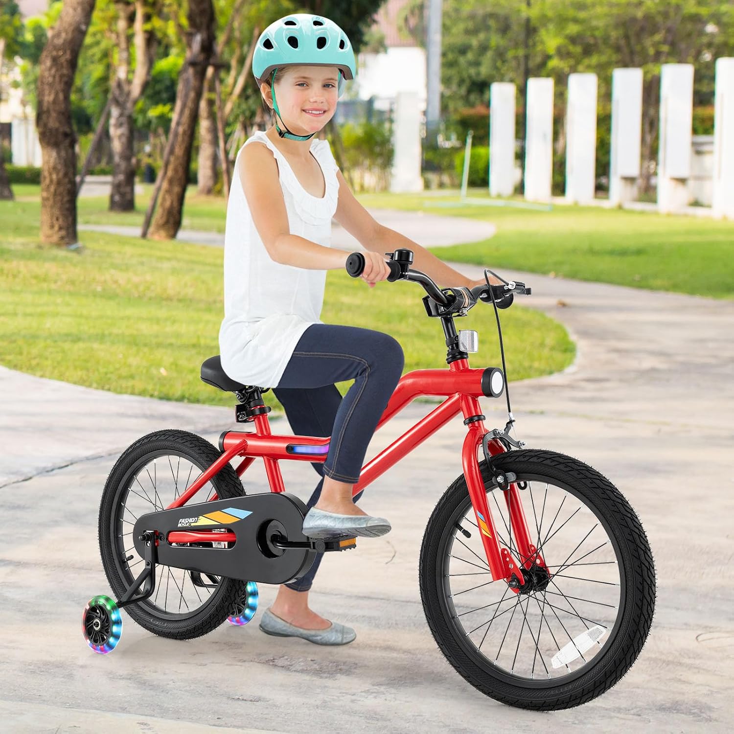 BABY JOY Lighted Kids Bike, 16 18 Inch Children Bicycle with 7-Mode LED Lighted Frame, Headlight, Flash Training Wheels, Dual-Brake, 95% Pre-Assembled, Girls Boys Bike for 4-8 Years