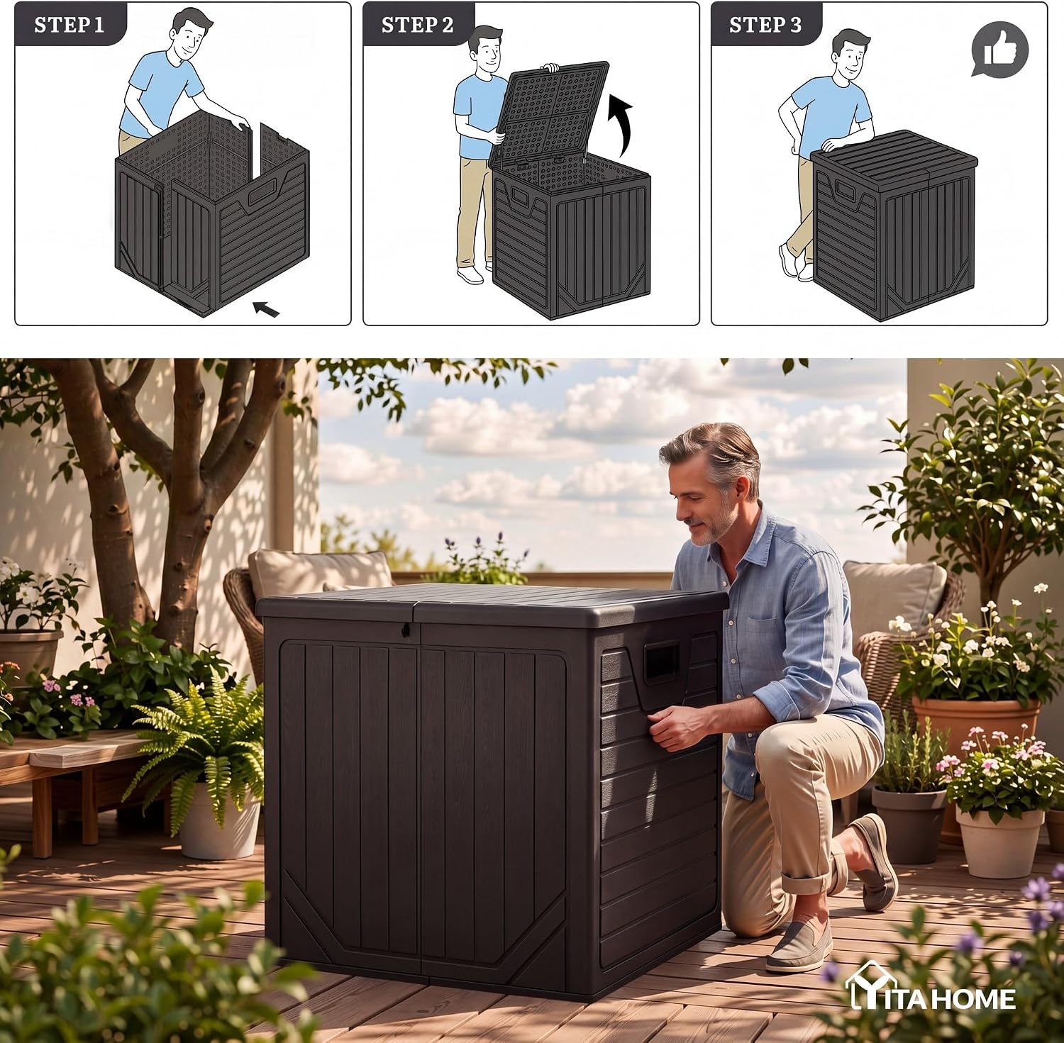 YITAHOME 150 Gallon Large Outdoor Deck Box, Lockable Resin Storage Box and Waterproof Patio Furniture Bin for Garden Tools & Pool Accessories, Black