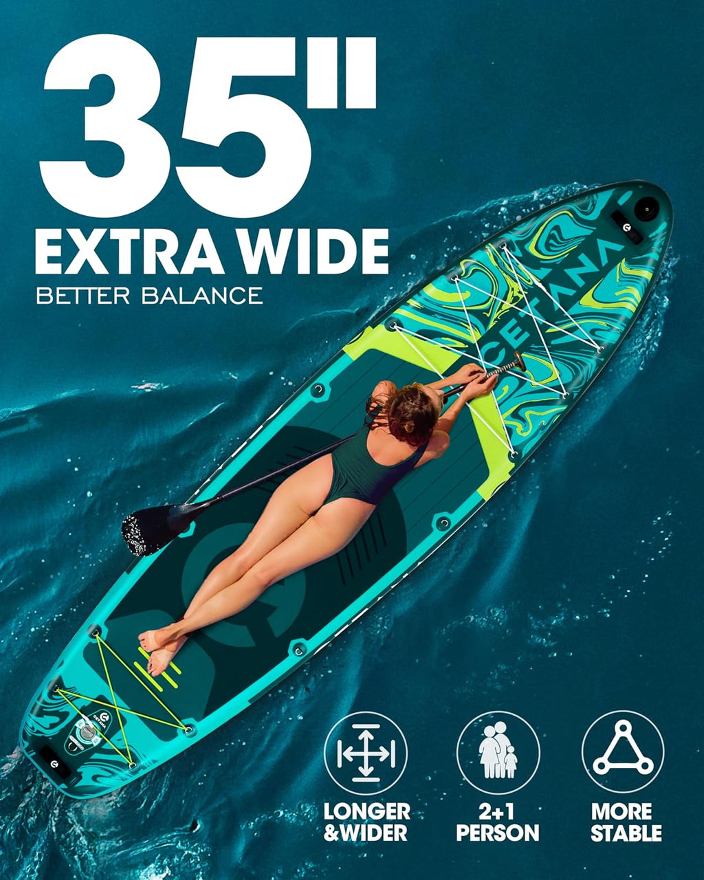 CETANA 11'6×35' Extra Wide Stand Up Paddle Board for Adults & Youth, 400lb Capacity Inflatable Paddle Board, Sup for 2+1 Person with Removable US Fin, 100L Backpack, Floating Paddle, Safety Leash