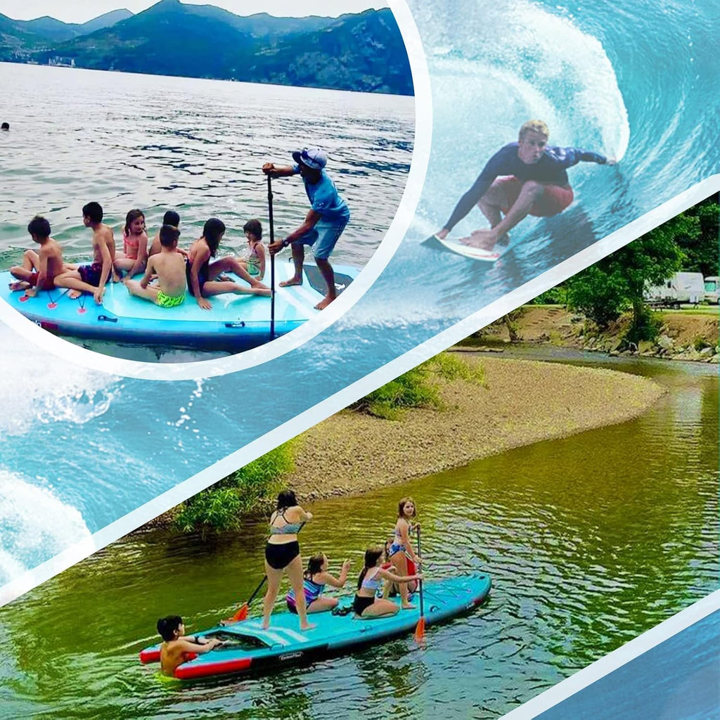 Freein 14'/15'/16' Inflatable Team SUP, Extra Large Stand Up Paddle Board for Multi Person, Dual-action Hand Pump, Adjustable Paddle, Complete Kit
