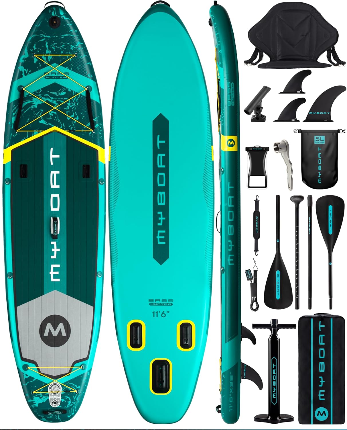 MYBOAT 11'6'×34'×6' Extra Wide Inflatable Paddle Board, Stand Up Paddle Board for Fishing, Sup Board with 3 Removable Fins, Dual Bungees, Camera Mount, Hand Pump, Strong Paddle,Leash