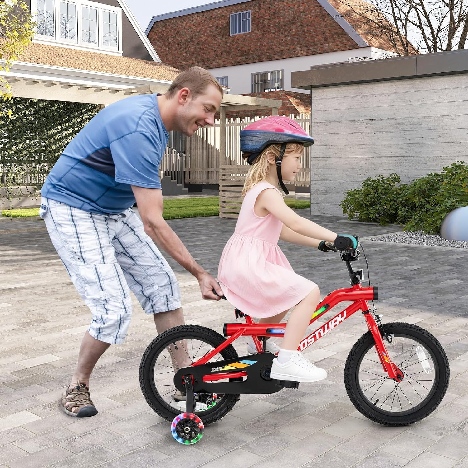COSTWAY 16'/18' Lighted Kids Bike, Children Sport Bicycle with LED Light-up Frame, Adjustable Saddle, Training Wheels, Handbrake & Coaster Brake, Kids Riding Bike for 4-7/4-8 Years Old Boys & Girls