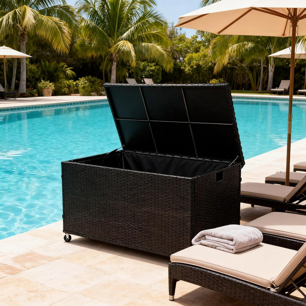 Outdoor 170 Gallon Water-Resistant Wicker Storage Box with Wheels, PE Rattan Deck Box with Waterproof Liner for Outside, Patio Storage Container with Hinged Lid, Horizontal Bin, Black