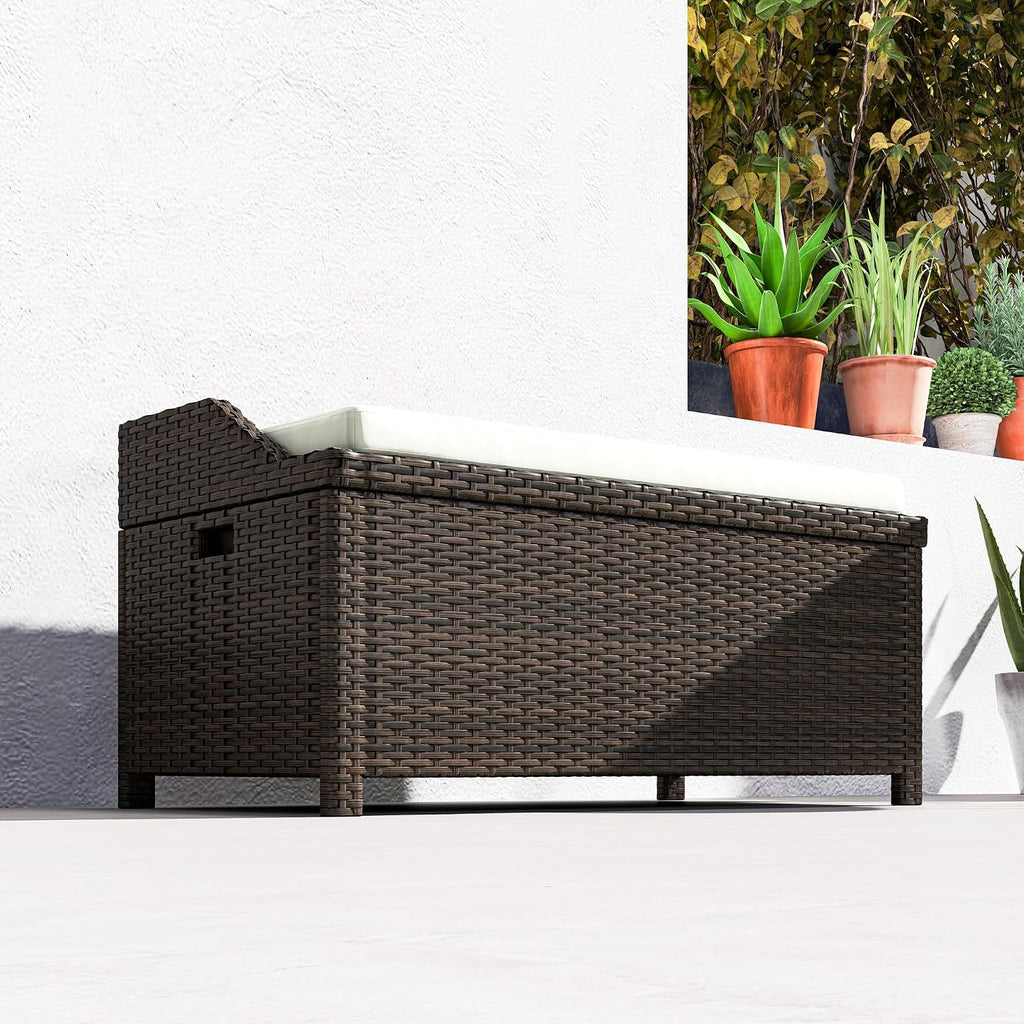 Outsunny 38 Gallon Outdoor Wicker Storage Bench Deck Box, PE Rattan Patio Furniture Pool Storage Bin Container with Interior Waterproof Cloth Bag and Comfortable Cushion, White