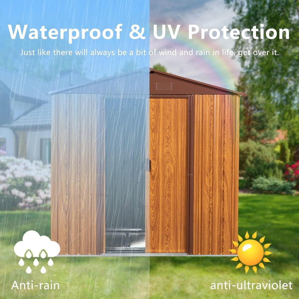 6 x 6 FT Outdoor Storage Shed, Metal Garden Shed with Floor Frame, Tool Shed Outdoor Storage with Lockable Sliding Doors & Air Vents, Storage House Waterproof for Backyard, Lawn, Coffee