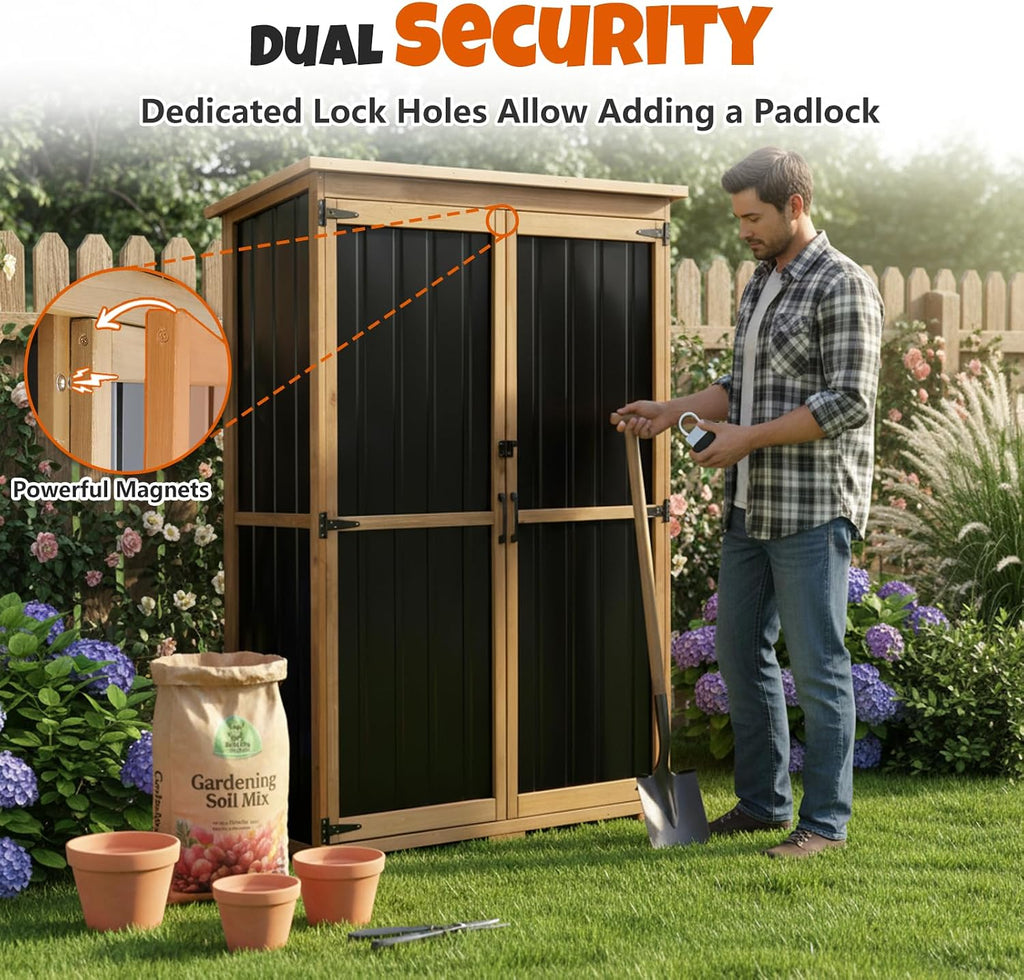 Outdoor Storage Cabinet with Shelves, Wood & Metal Storage Shed with Weatherproof Roof, 3 Removable Shelves, Lockable Doors, Adjustable Feet, Outside Storage Cabinet for Garage, Patio, Backyard