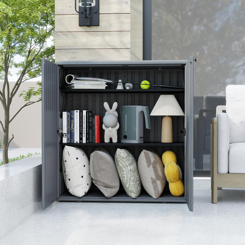 HOMSPARK Indoor/Outdoor Storage Cabinet with Doors and Shelf, 34'x15'x36' HDPE Plastic Storage Box Waterproof for Patio, Garden, Balcony, Multi-Purpose for Daily Tools, Grey