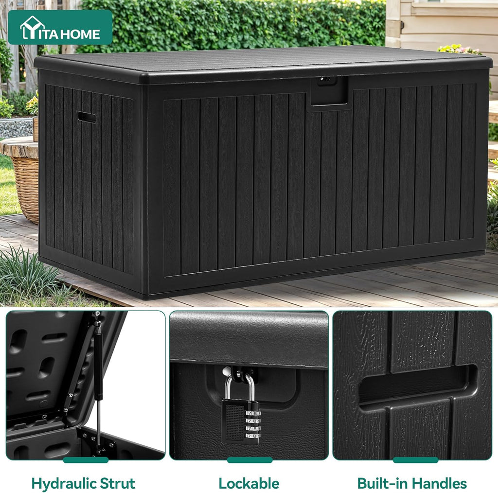 YITAHOME 260 Gallon Large Deck Box with Divider & Side Handles, Outdoor Double-Wall Storage for Patio Furniture Cushions, Garden Pool Accessories, Water Resistant & Lockable, Black