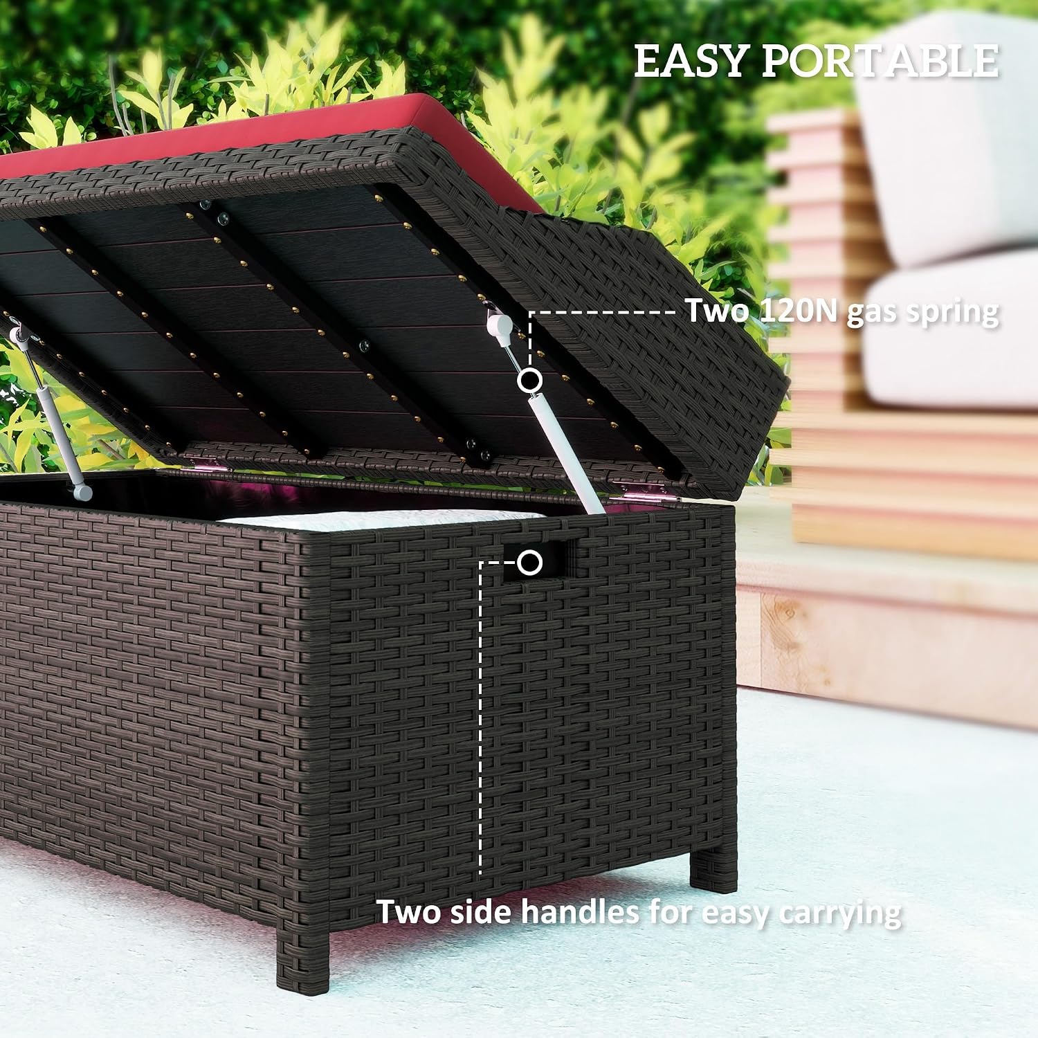 Outsunny 34 Gallon Outdoor Wicker Storage Bench Deck Box, PE Rattan Patio Furniture Pool Storage Bin Container with Interior Waterproof Cloth Bag and Comfortable Cushion, Red