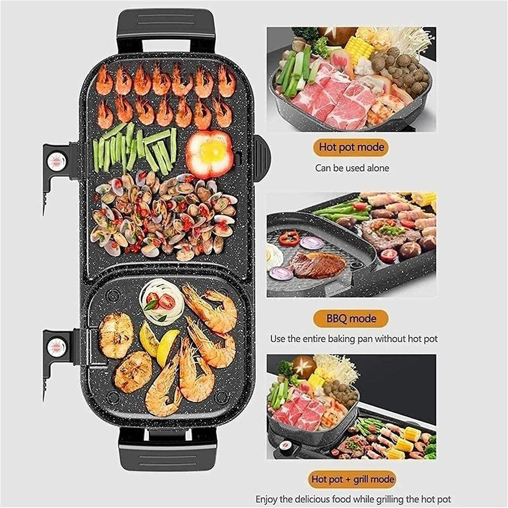 Korean BBQ Grill Home Use Multi-function Electric Grill, 2 In 1 Electric Barbecue Indoor and Outdoor Hot Pot Large Capacity Non-Stick Pan with 5 Temperature Adjustments, fo