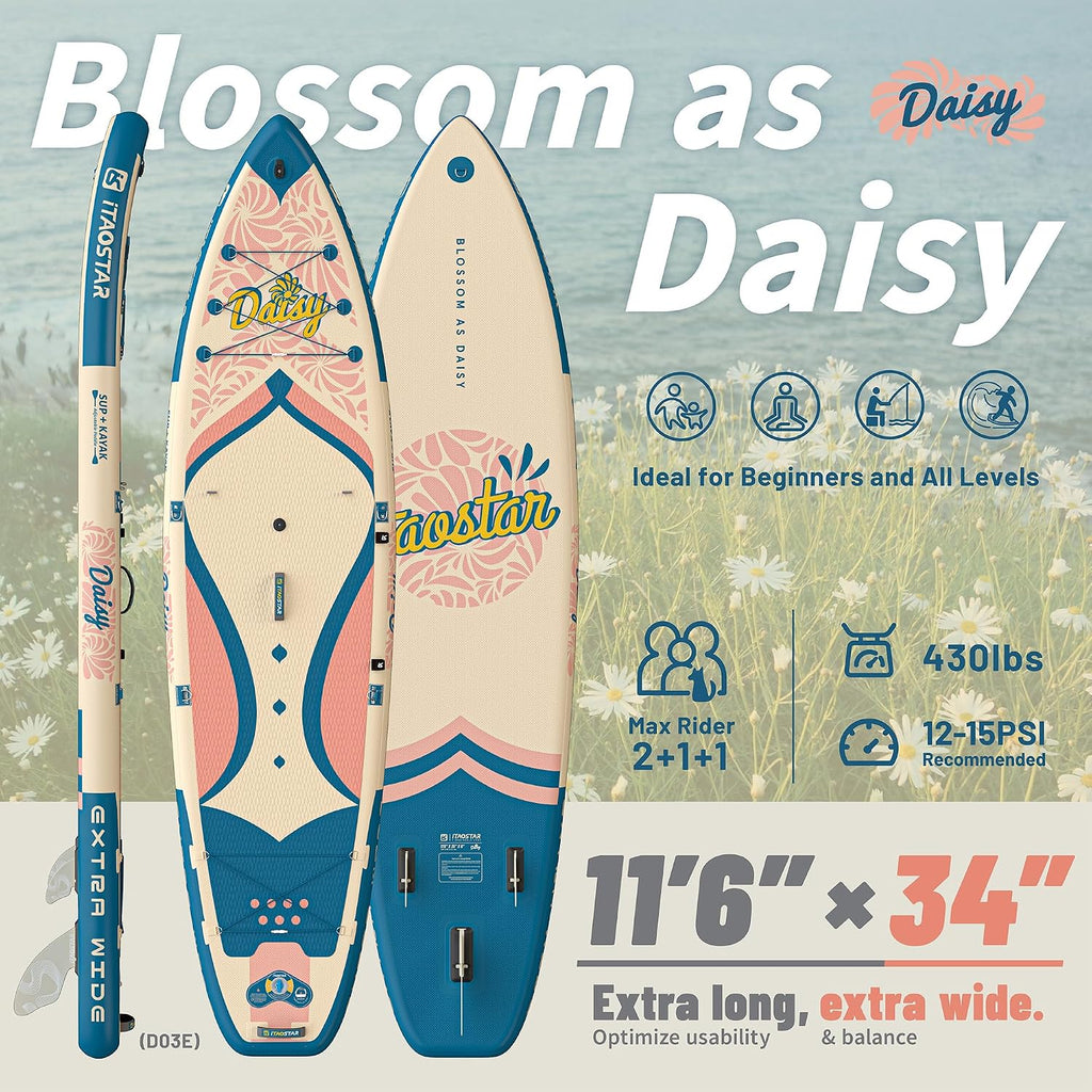 iTAOSTAR Daisy 11'6' × 35' Extra Wide Paddle Board with Seat, One-Stop Premium SUP Board Accessories, Tailored 5 Fins, Stable Stand Up Paddle Boards for Youth of All Skill Levels