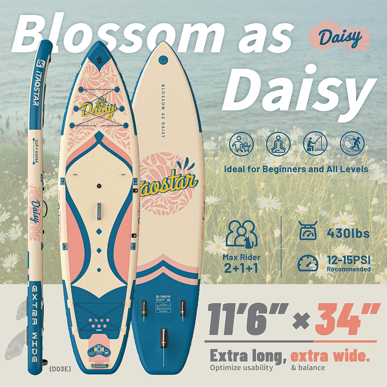iTAOSTAR Daisy 11'6' × 35' Extra Wide Paddle Board with Seat, One-Stop Premium SUP Board Accessories, Tailored 5 Fins, Stable Stand Up Paddle Boards for Youth of All Skill Levels