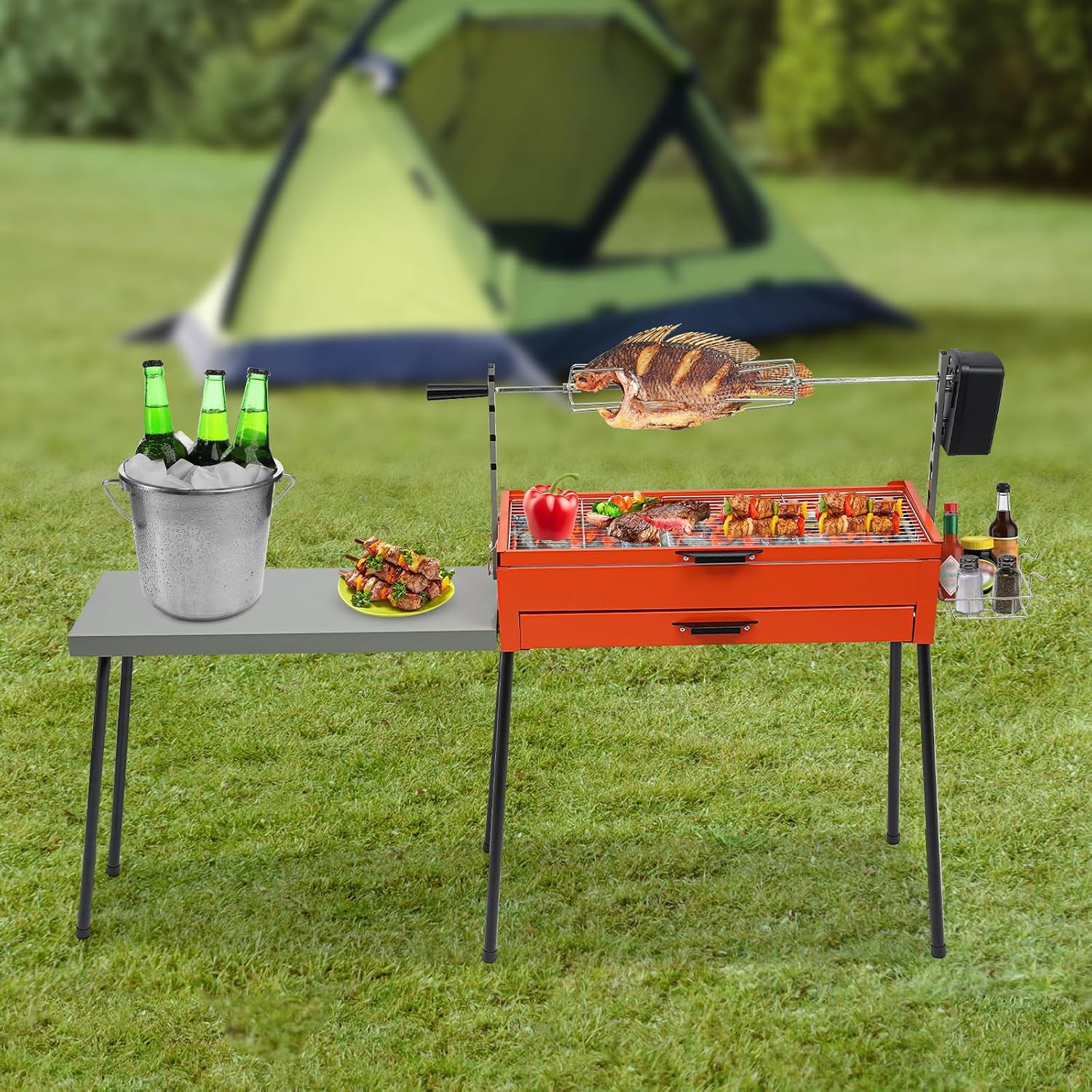 Barbecue Grill, 4W 220V Portable Charcoal Grills Height Adjustable Charcoal BBQ Grill Stainless Steel Chicken Grills Barbecue Tools with Side Table for Grilling Vegetables, Chicken Thighs, Steaks