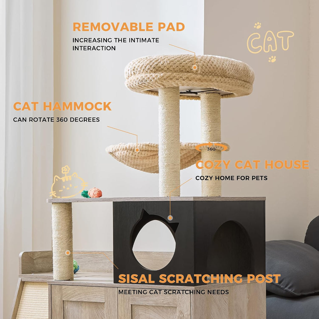 IRONCK Litter Box Enclosure with Cat Tree, 46' Hidden Litter Box with Sisal Scratching Ladder and Storage, Modular Wooden Litter Box Furniture with Condo and Platform, All-in-one Cat Tower, Greige