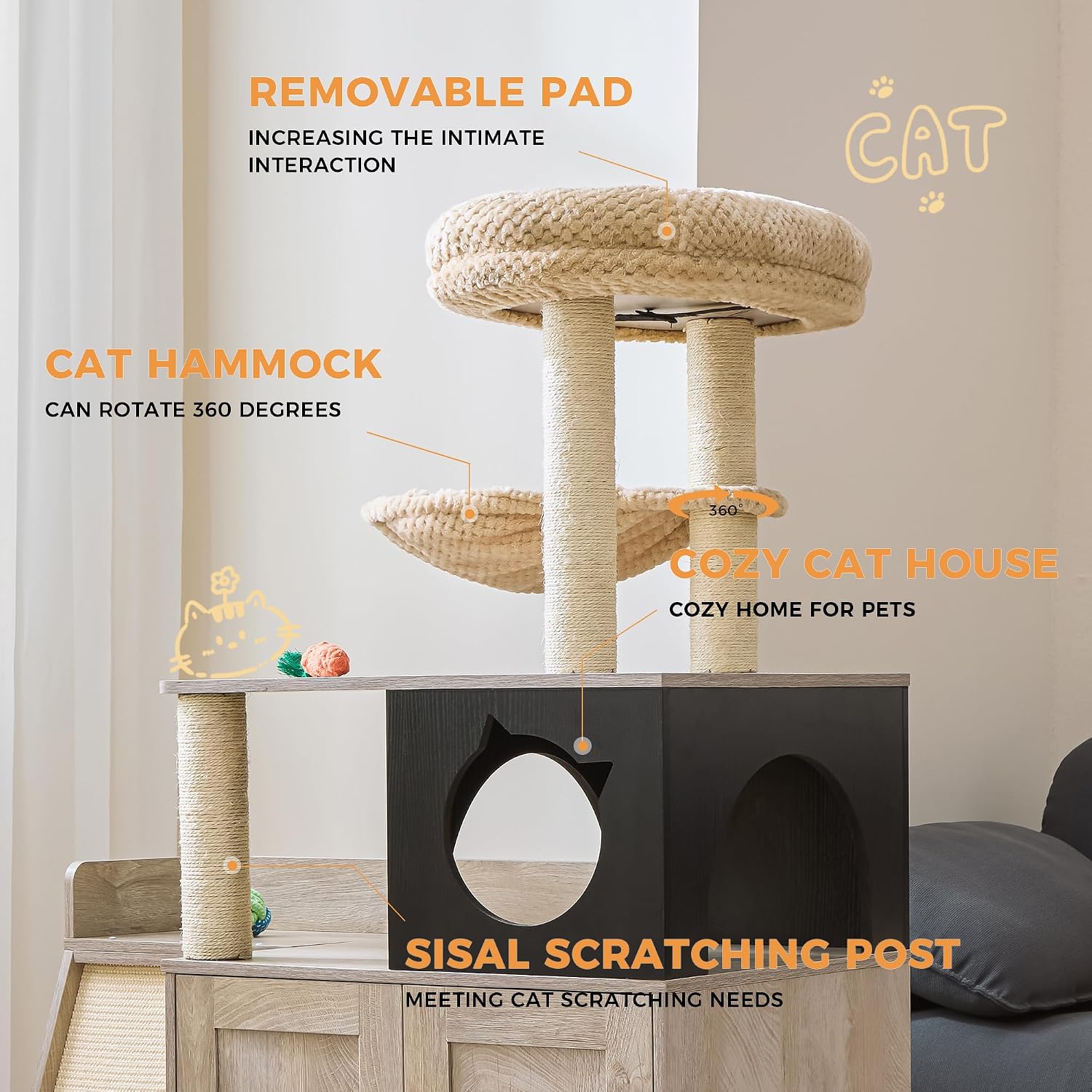 IRONCK Litter Box Enclosure with Cat Tree, 46' Hidden Litter Box with Sisal Scratching Ladder and Storage, Modular Wooden Litter Box Furniture with Condo and Platform, All-in-one Cat Tower, Greige