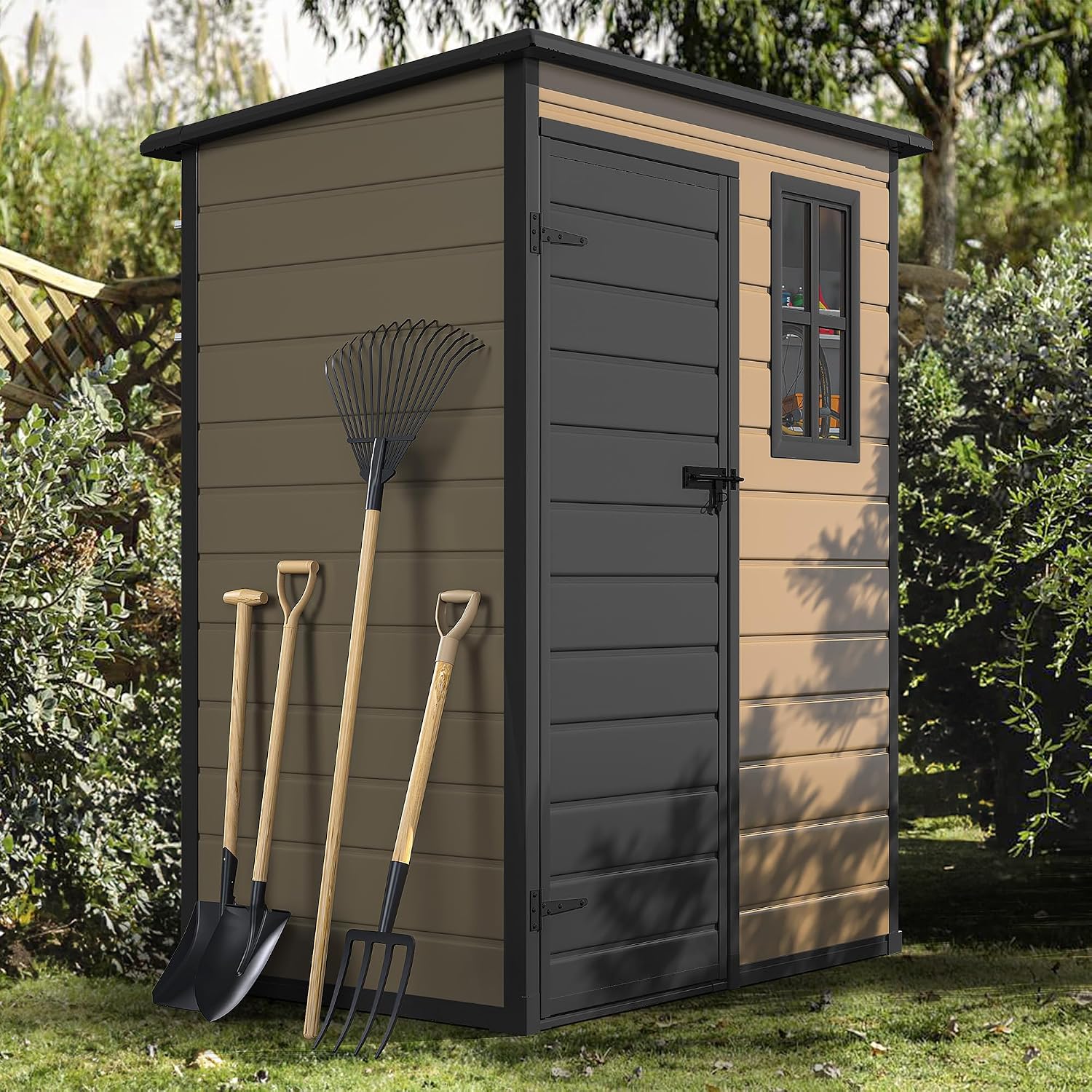 DWVO 5x3 FT Outdoor Storage Shed with Floor, All-Weather Resin Storage Shed with Lockable Door & Window, Waterproof Plastic Tool Storage for Garden, Backyard, Patio, Lawn, Brown