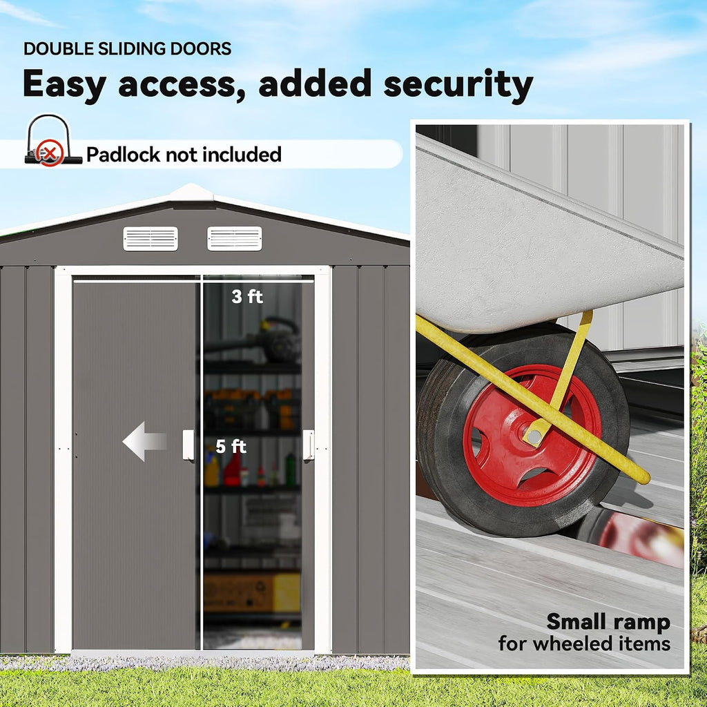Outsunny 9' x 6' Outdoor Storage Shed, Garden Tool Metal Shed with Foundation Kit, Double Lockable Door, Air Vents and Sloping Roof, for Backyard, Patio, Lawn, Gray