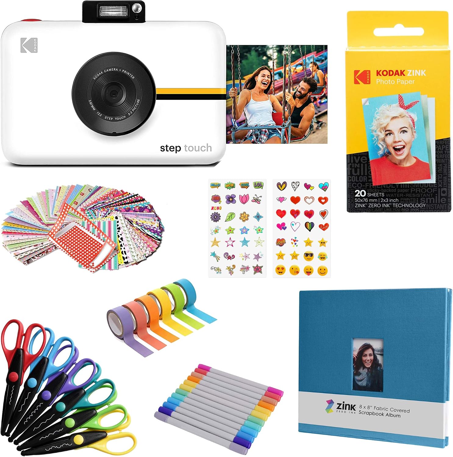 Kodak Step Touch 13MP Digital Camera & Instant Printer with 3.5 LCD Touchscreen (White) Scrapbook Bundle
