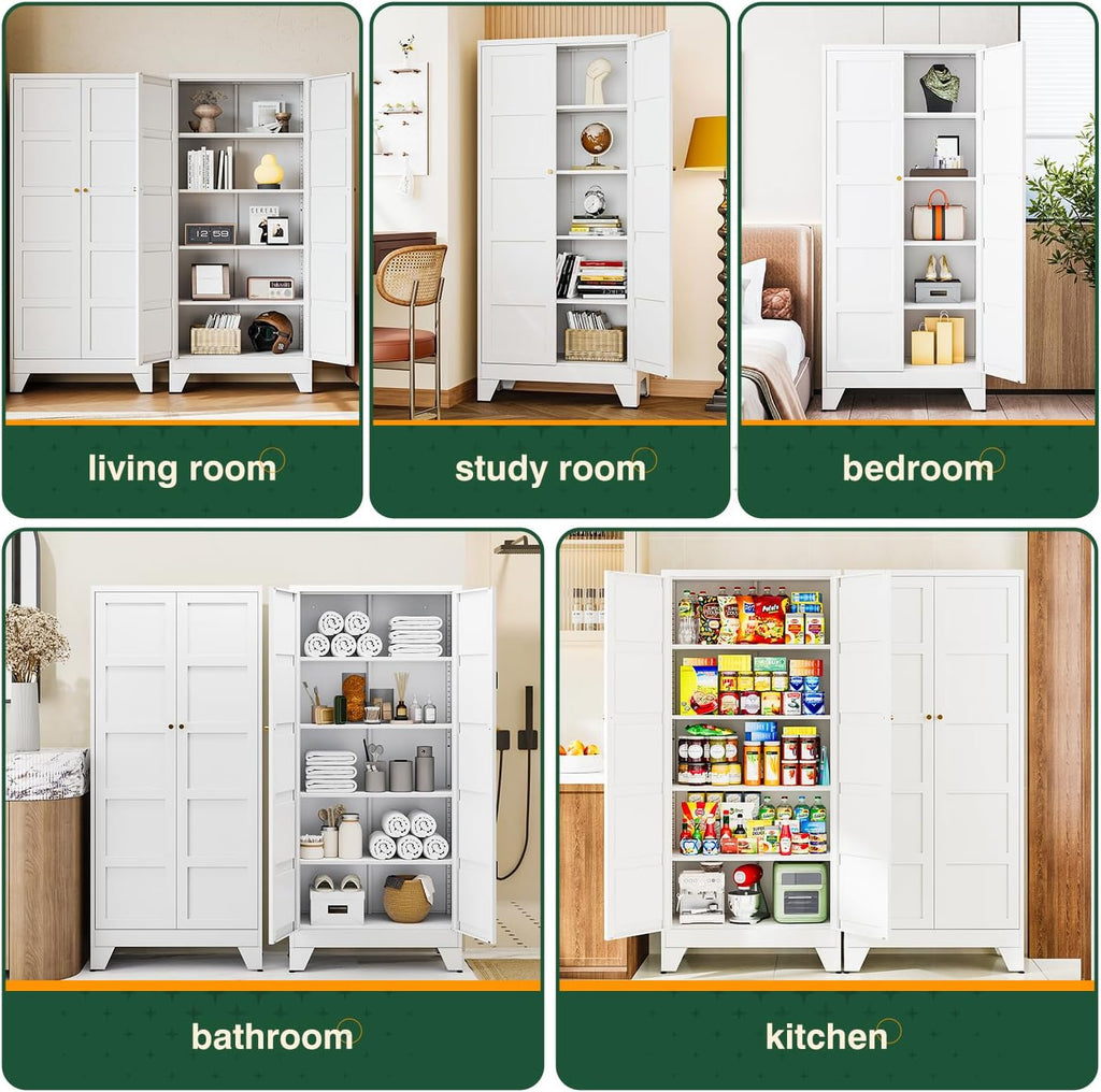 Letaya 71' H Metal Storage Cabinet with 2 Doors and 4 Shelves,Tall Kitchen Pantry Cabinets,Utility Pantry Organizers for Cupboard/Dining/Bathroom/Home Office/Garage (White, 71' H x 16' D x 32' W)