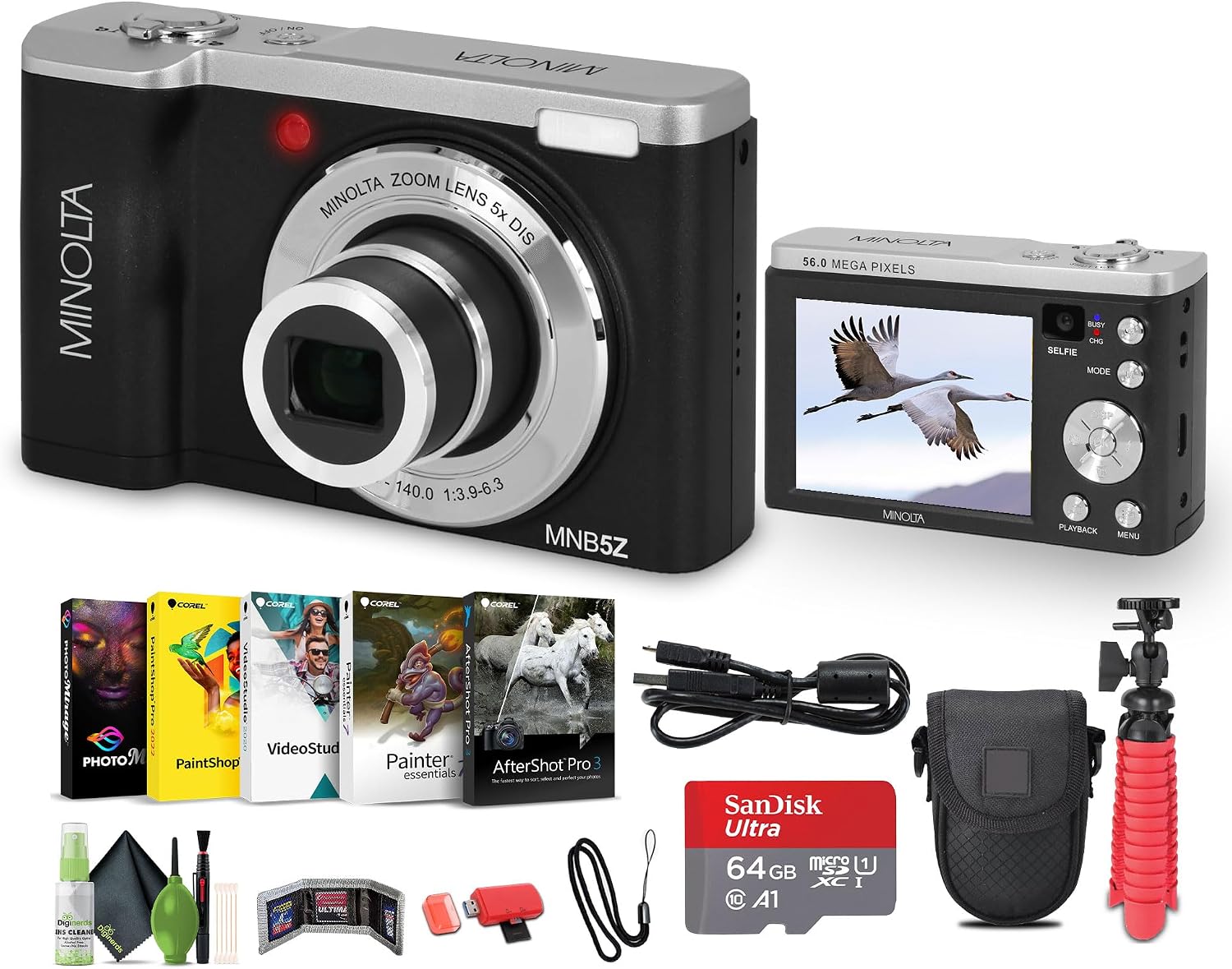 Minolta MNB5Z 56MP Dual Lens Point & Shoot Digital Camera with 5X Optical Zoom & 5K Ultra HD Video Bundle with 64GB Memory Card + Vlogger Tripod + Bag + Cleaning Kit + More Accessories (Black)
