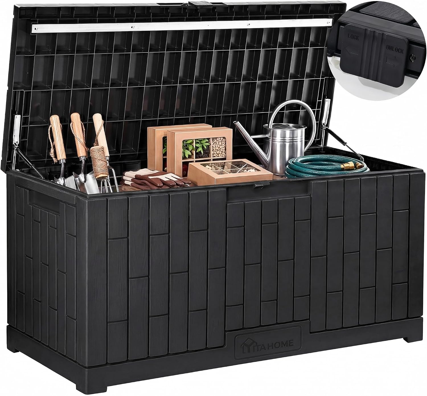 YITAHOME Large Deck Box 120 Gallon Resin Outdoor Storage Box with Slide-Locking Lid, Patio Storage Bin and Bench Seat for Outdoor Pillows, Garden Tools and Pool Supplies, Waterproof Lockable, Black