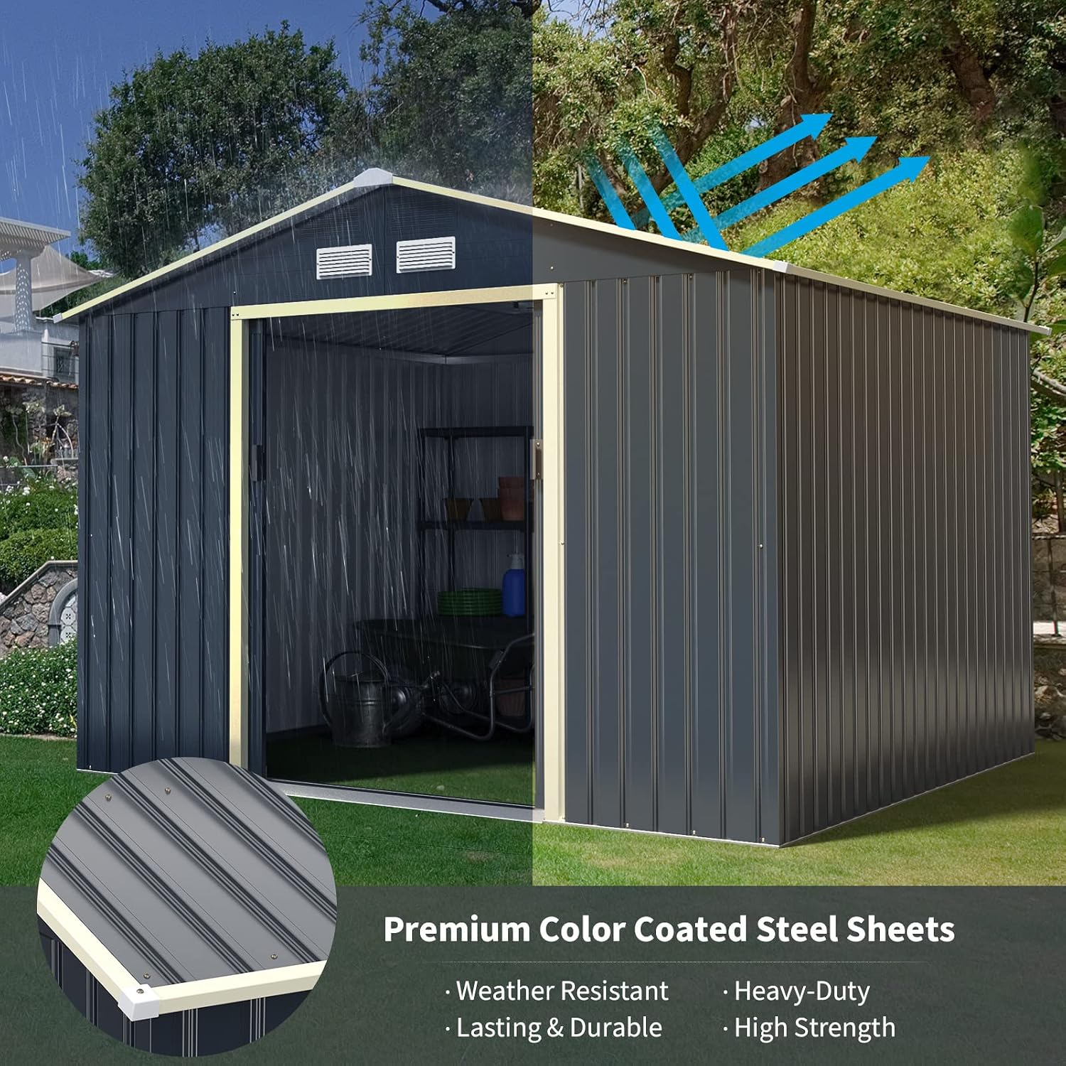 Goplus Storage Shed, Metal 9' X 8' Outdoor Building Organizer with 4 Vents & Double Sliding Door for Garden Backyard Farm (9'X8')