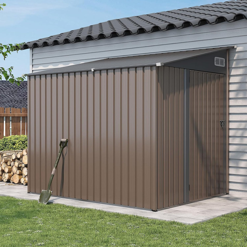 7'x5.5' Lean to Shed Large Storage Room Galvanized Steel Storage Sheds with Side Door Waterproof Utility Shed with Sloped Roof for Mower, Bike, Garden Tools (Brown)