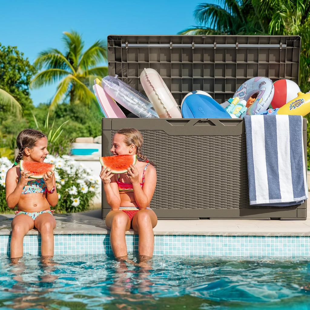Greesum 100 Gallon Resin Deck Box Large Outdoor Storage with Cushions for Patio Furniture, Garden Tools, Pool Supplies, Weatherproof and UV Resistant, Lockable, Coffee