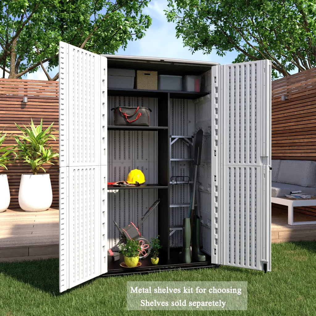 Mrosaa 66 Cu.ft Vertical Storage Shed, Waterproof Polyethylene Resin Outdoor Storage with Floor for Garage, Pool, Bike, Garden