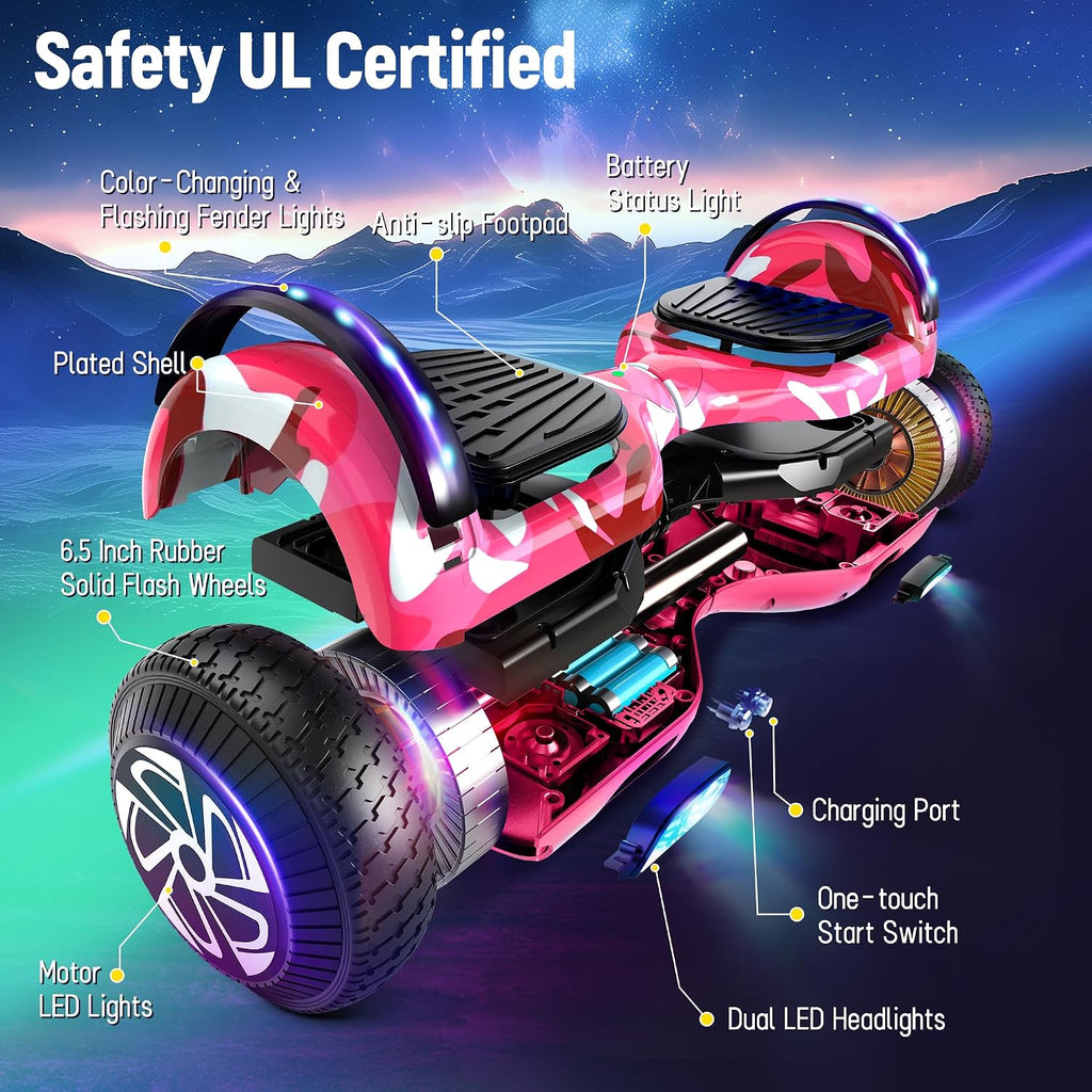 LIEAGLE Hoverboard, 6.5' Self Balancing Scooter Hover Board with Bluetooth Wheels LED Lights for Kids Adults