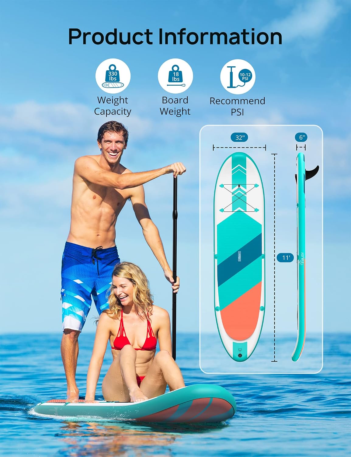 EVAJOY Inflatable Paddle Board 6'' Thick Around Stand Up Paddle Board with Portable iSUP Accessories & Waterproof Bag, Portable Hand Pump for Racing Touring Fishing , Safety Leash, Main Fin
