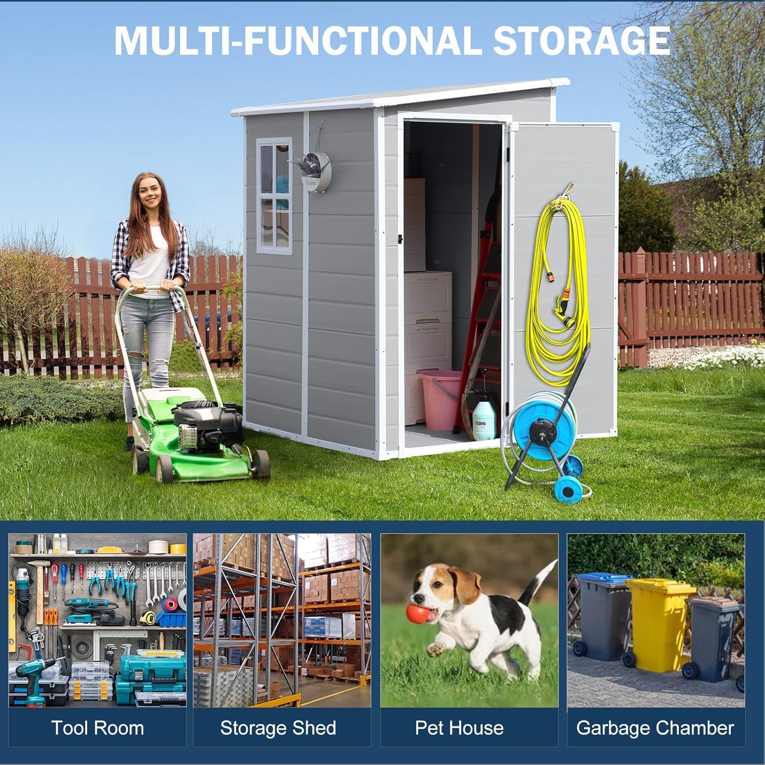 CDCASA 5x4 FT Resin Storage Shed, Waterproof Sheds & Outdoor Storage with Floor & Window & Lockable Door, Tool Shed for Garden, Patio, Backyard, Light Grey