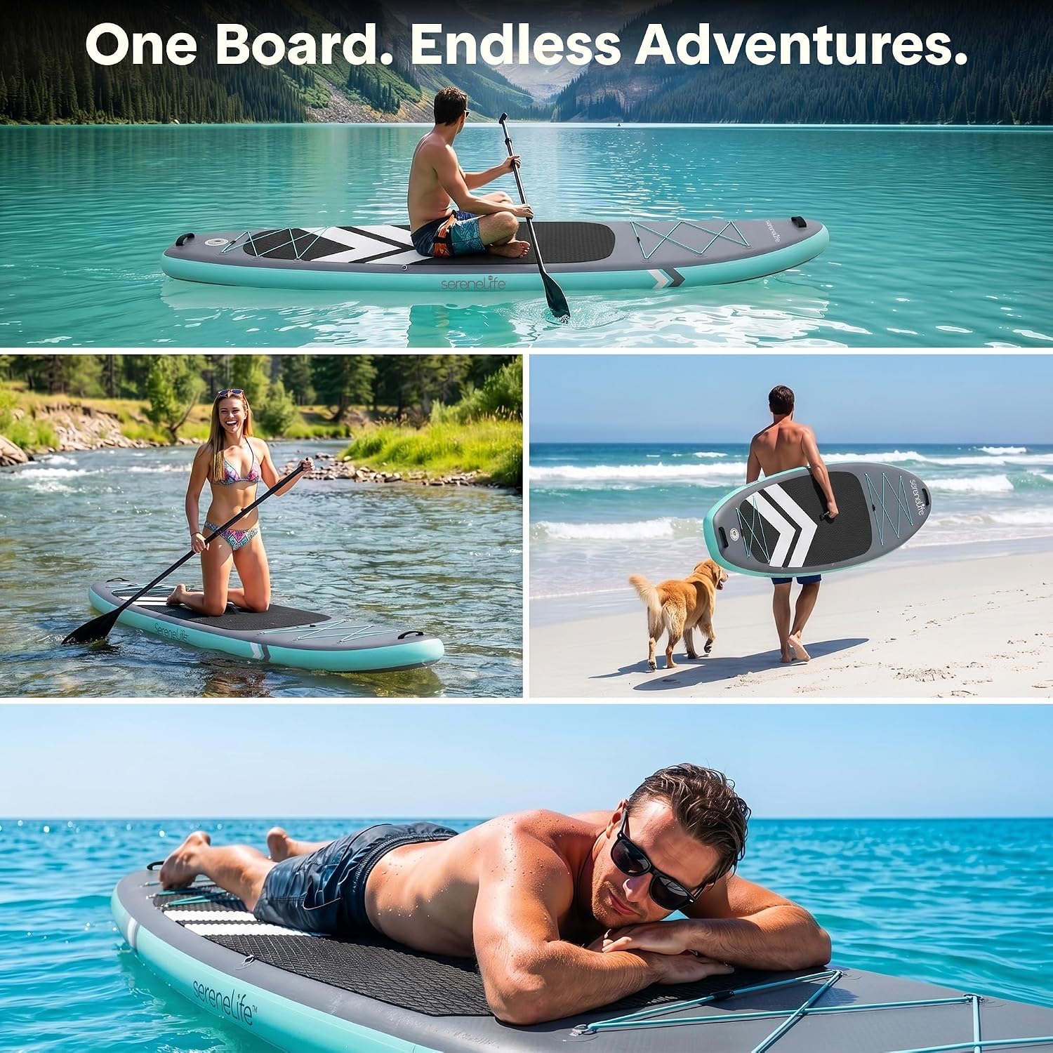 SereneLife Ultra-Light Inflatable Stand Up Paddle Board with Premium SUP Accessories - Extra Wide Stable Design with Non-Slip EVA Deck Pad for Youth and Adults of All Skill Levels - 350 lbs Capacity