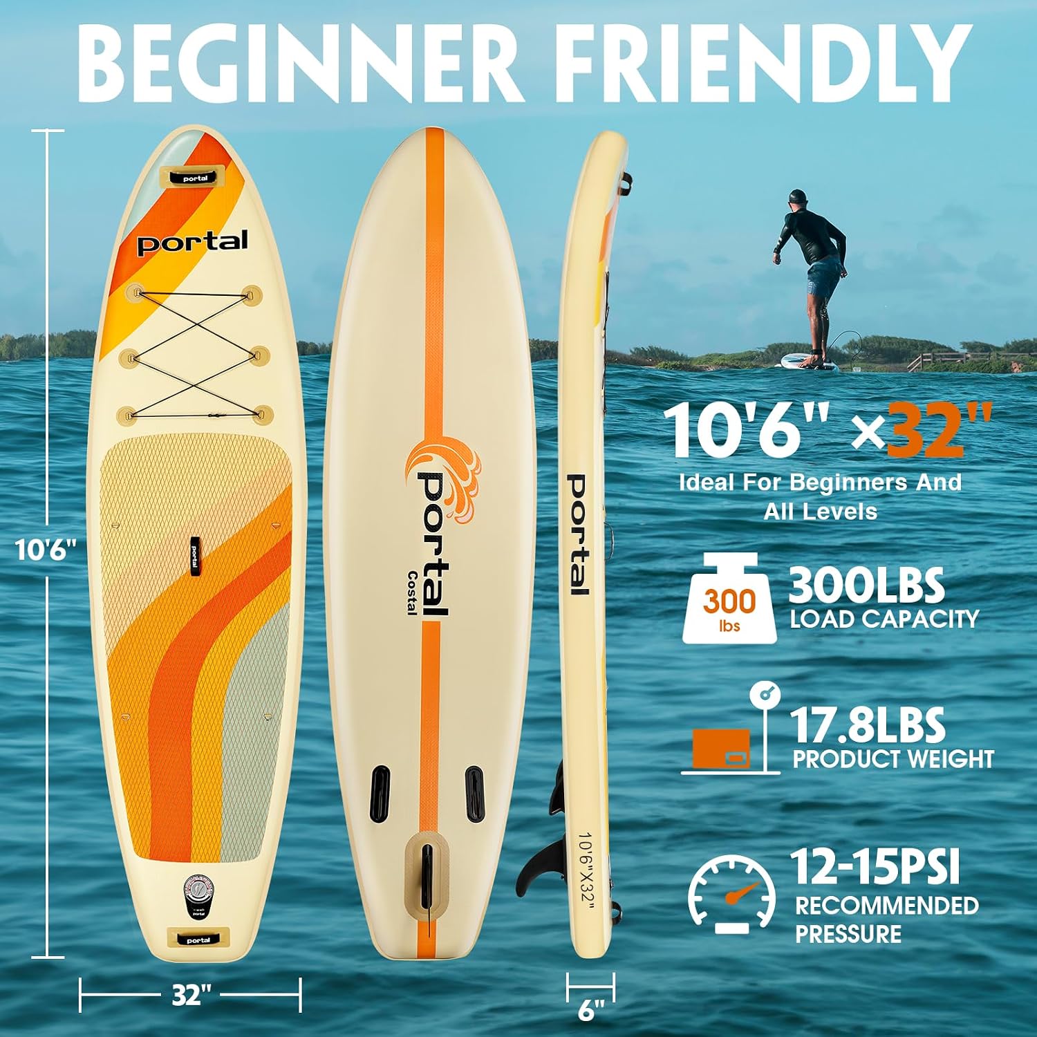 PORTAL SUP Inflatable Paddle Board for Adults 10'6'' Stand Up Paddleboard,Non-Slip Deck Blow up Paddle Boards with Adjustable Paddle, Carry Bag, and Repair Kit (Modern with Seat)