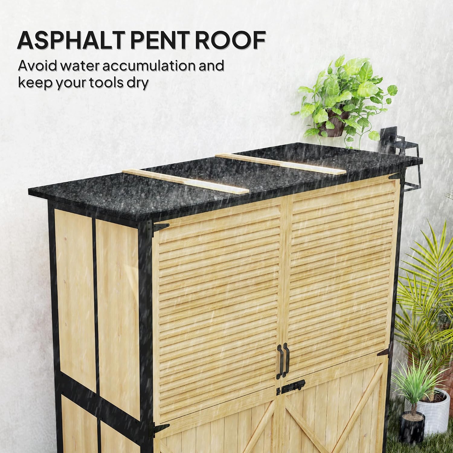 Outsunny Outdoor Storage Cabinet, Wood Garden Tool Shed with Lock, Steel Frame and Asphalt Roof, Garden Storage Shed with Adjustable Shelves and Feet for Patio Backyard Lawn, Natural