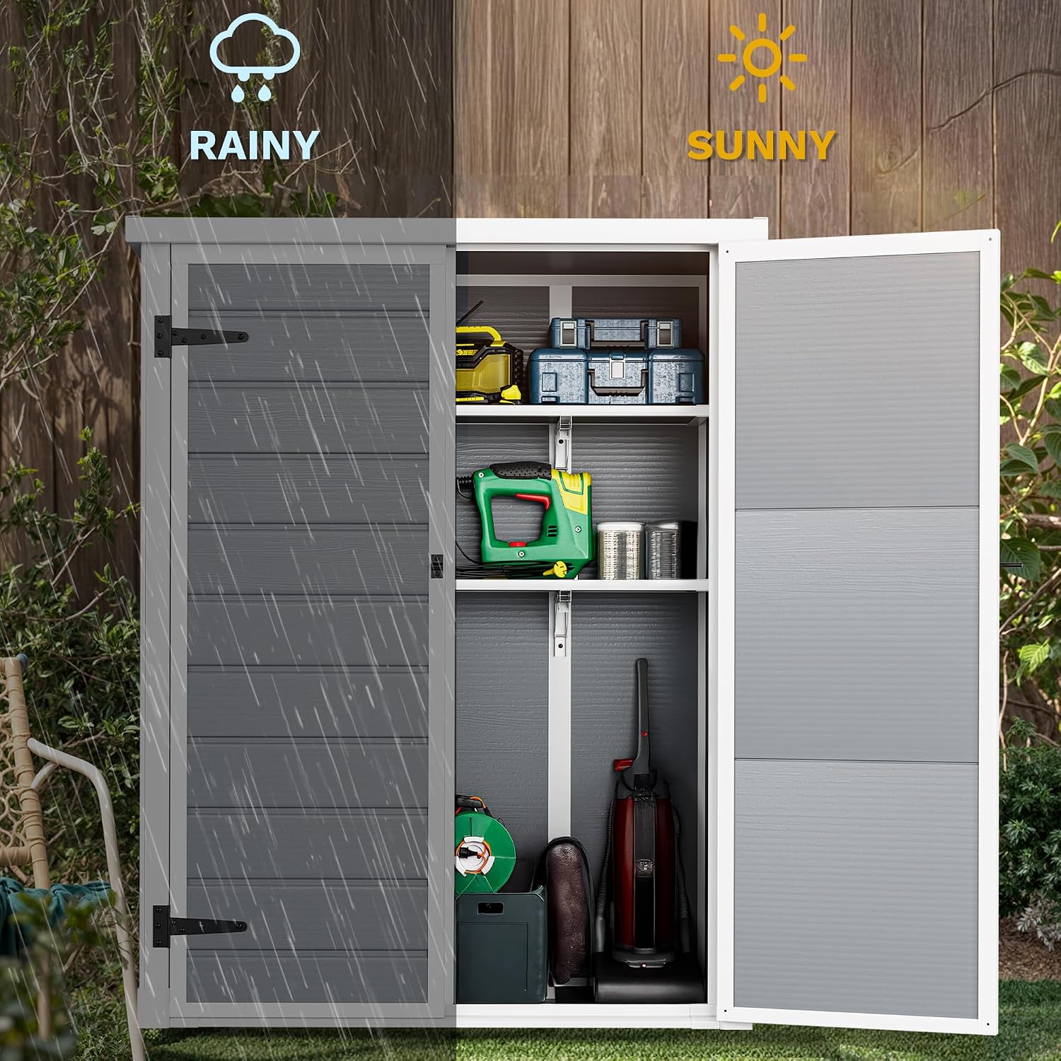DWVO 50 Cuft Outdoor Tall Storage Shed with 2 Shelves, 4.3x2x5.5ft Vertical Tool Shed with Floor & Lockable Doors, Sturdy Double-Wall Plastic Cabinet for Garbage Cans and Garden Equipment (Gray)