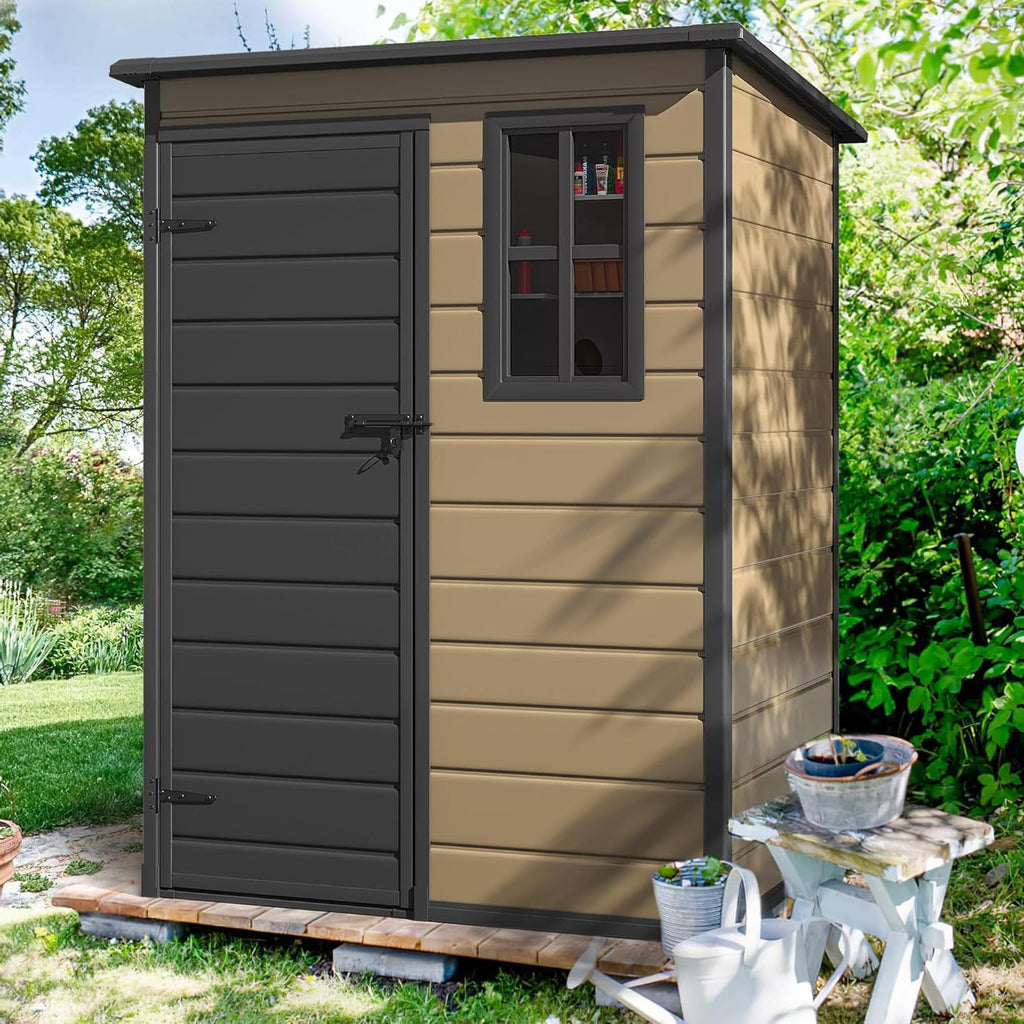 DWVO 5x3 FT Outdoor Storage Shed with Floor, All-Weather Resin Storage Shed with Lockable Door & Window, Waterproof Plastic Tool Storage for Garden, Backyard, Patio, Lawn, Brown