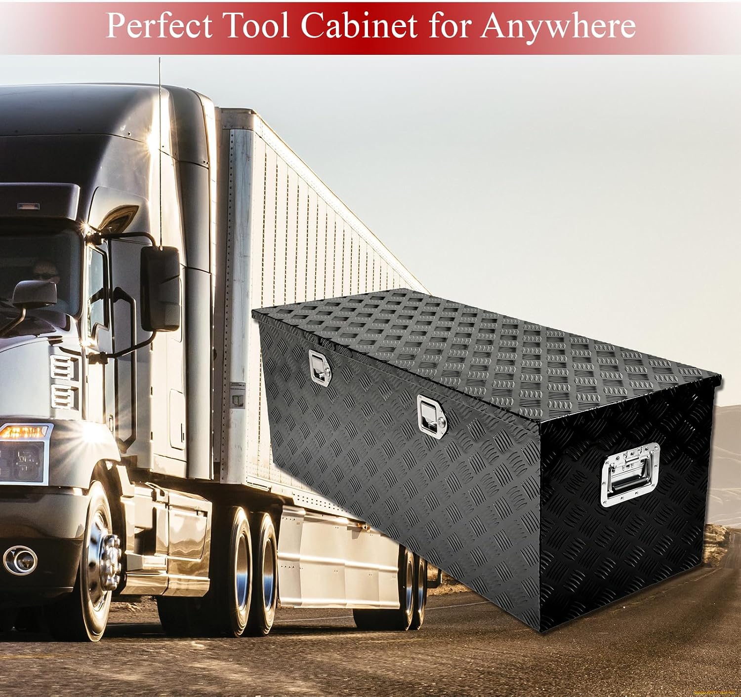 48''Inch Aluminum Truck Tool Box Truck Bed Toolbox Truck Trailer Chest Box Trailer Underbody Storage Organizer Waterproof Square Storage Organizer w/Lock & Keys Black(‎48' x19.5''x17.5'')