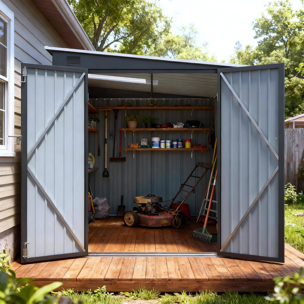 6x8 FT Metal Storage Shed with Skylight, Metal Lean to Garden Shed with Lockable Double Doors for Garden Tools, Lawn Mower, Motorcycle, Outside Storage Shed Waterproof for Backyard, Patio