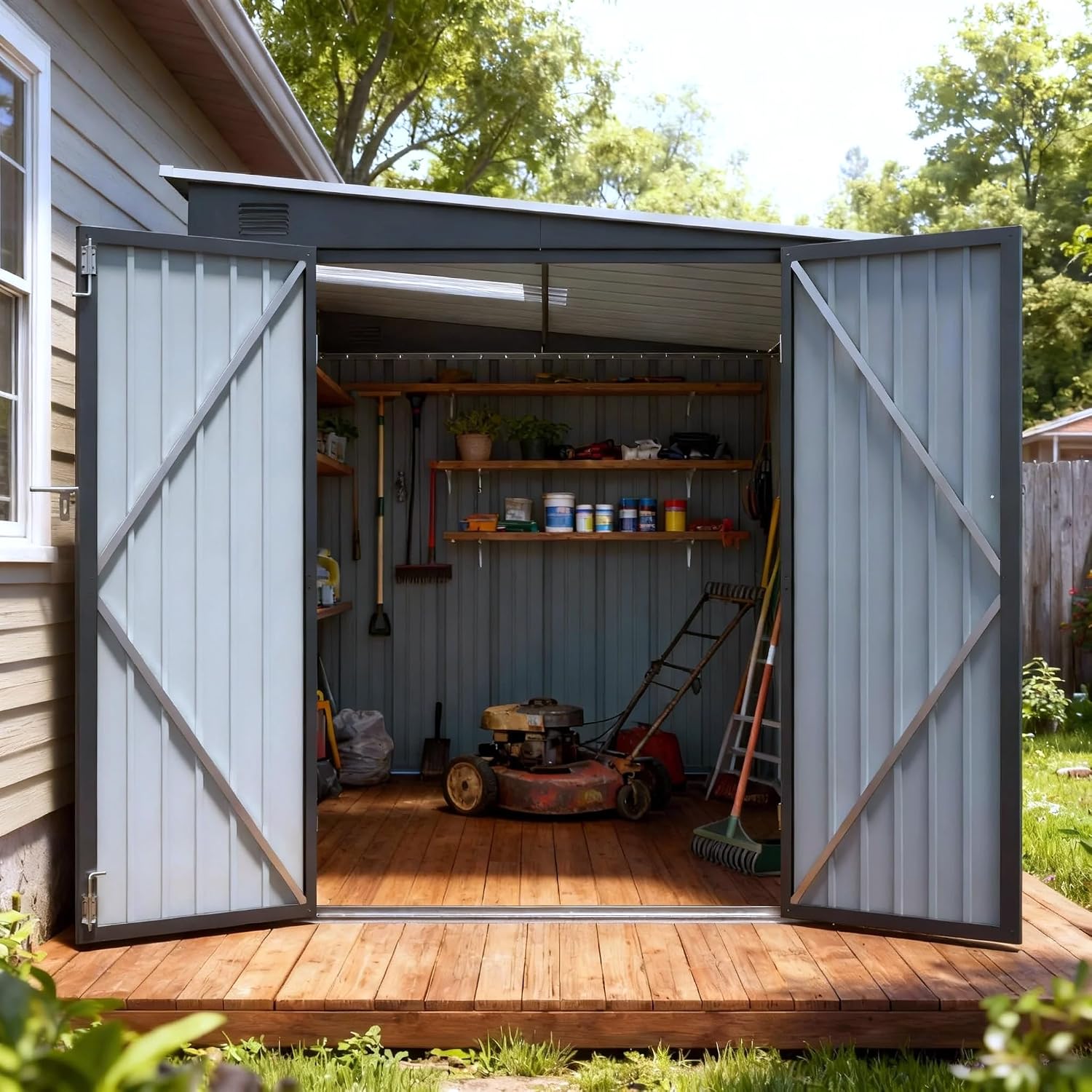 6x8 FT Metal Storage Shed with Skylight, Metal Lean to Garden Shed with Lockable Double Doors for Garden Tools, Lawn Mower, Motorcycle, Outside Storage Shed Waterproof for Backyard, Patio
